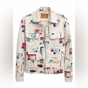 GUESS Collage Print Denin Jacket Men’s Small Cream Graphic trucker Jacket UNISEX